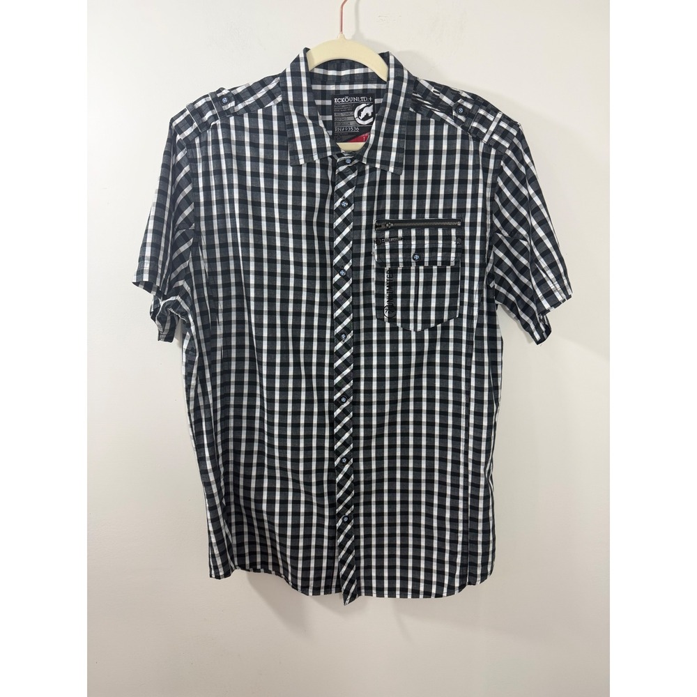 Ecko Unltd Mens Large Gingham Button Up Shirt Black White Short Sleeve